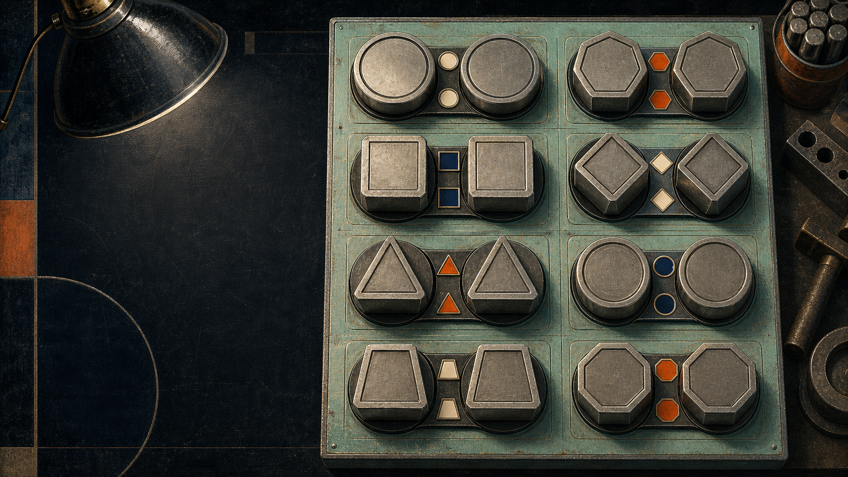 Top-down mint workbench with matching pairs of geometric coin dies